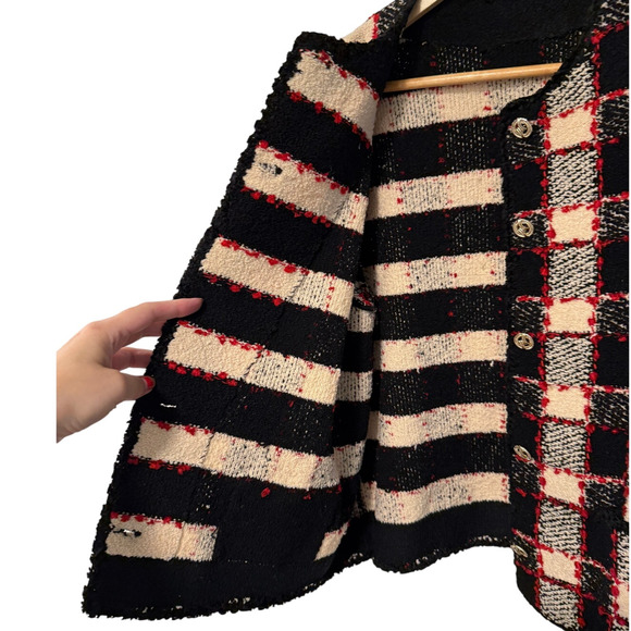 Sezane L Valerio Knit Lady Jacket Wool Checkered Boxy Blazer Gold Buttons Black - Picture 5 of 10